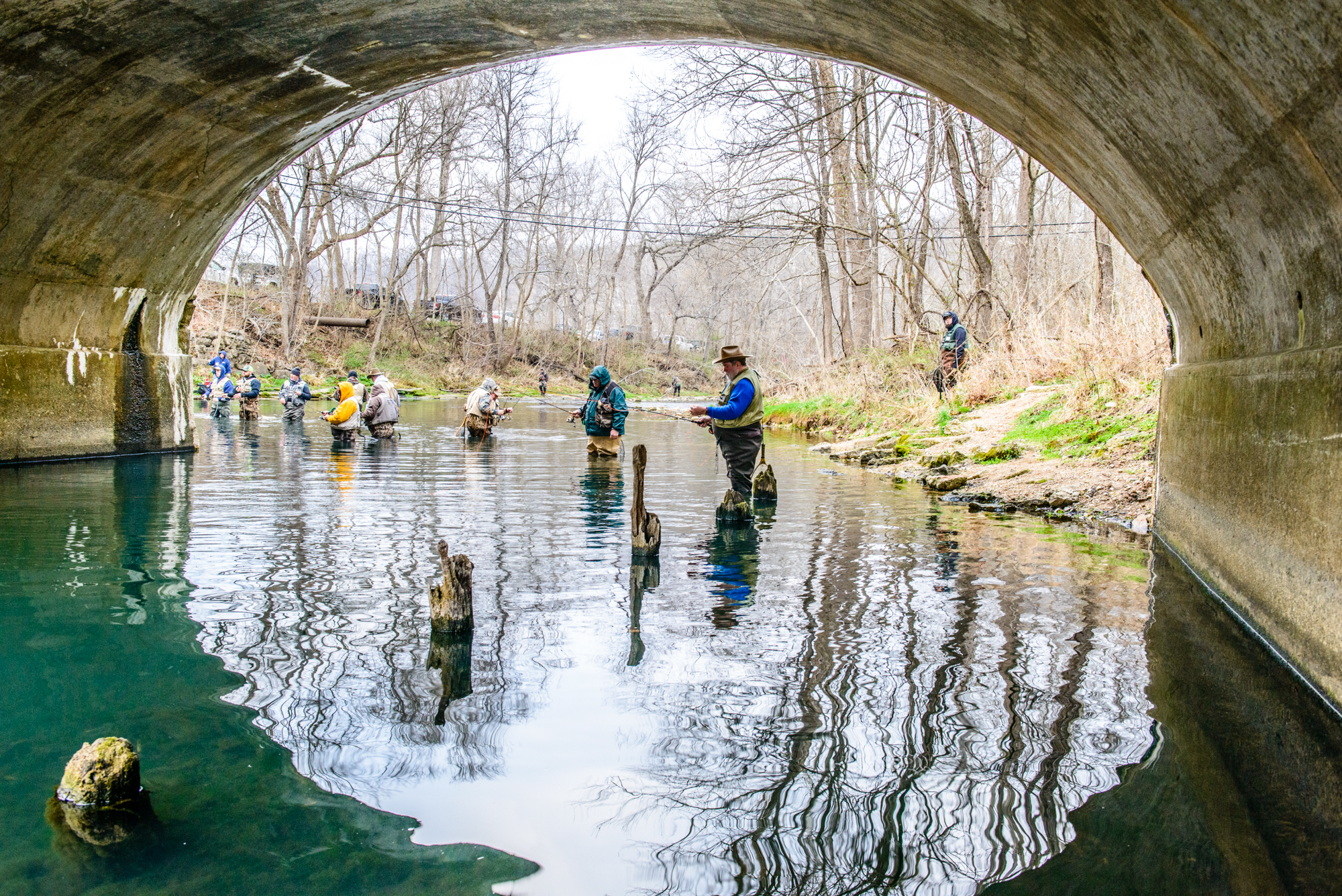 many people fishing in a river underneath a bridge