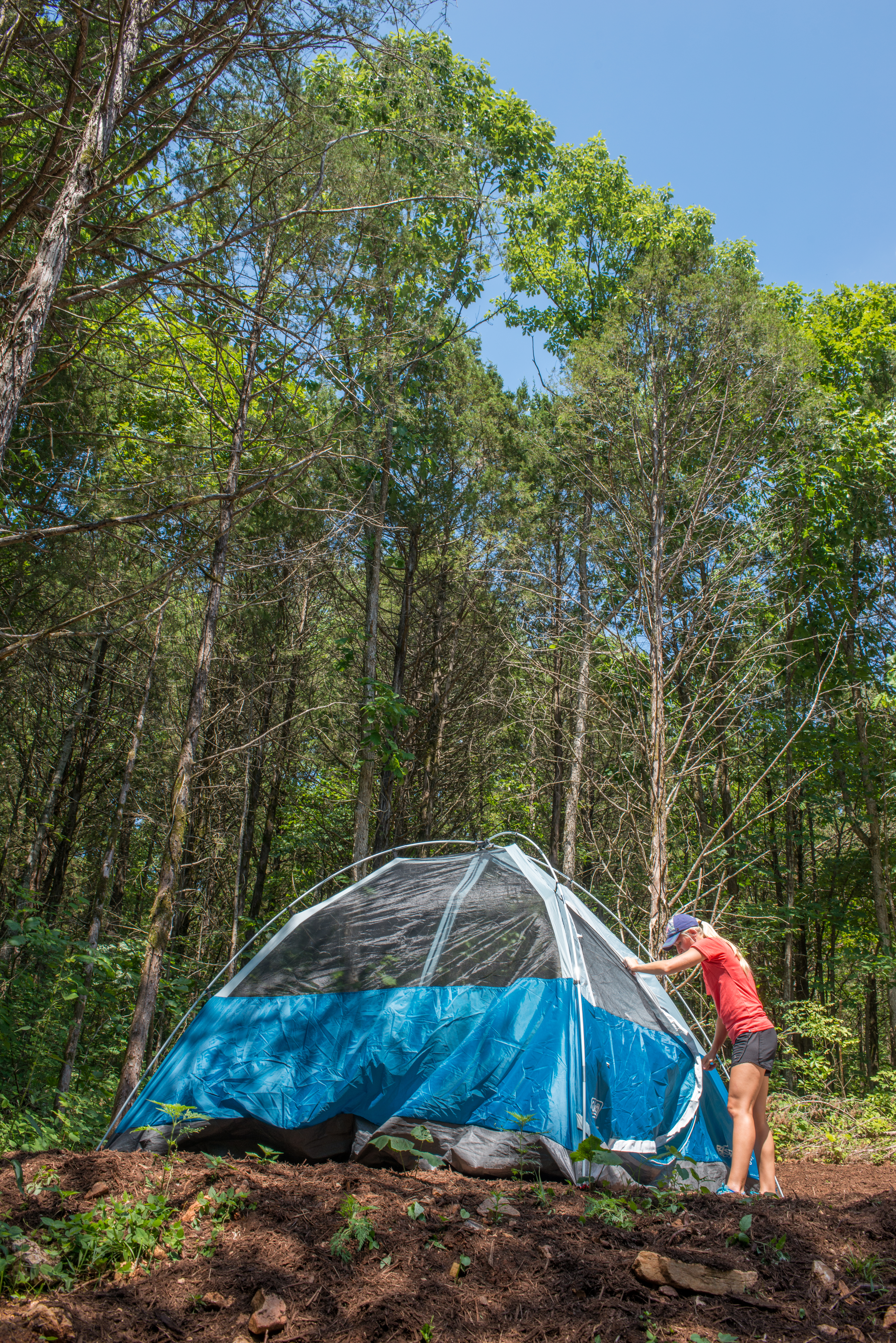 A blue tent being set up in the woods