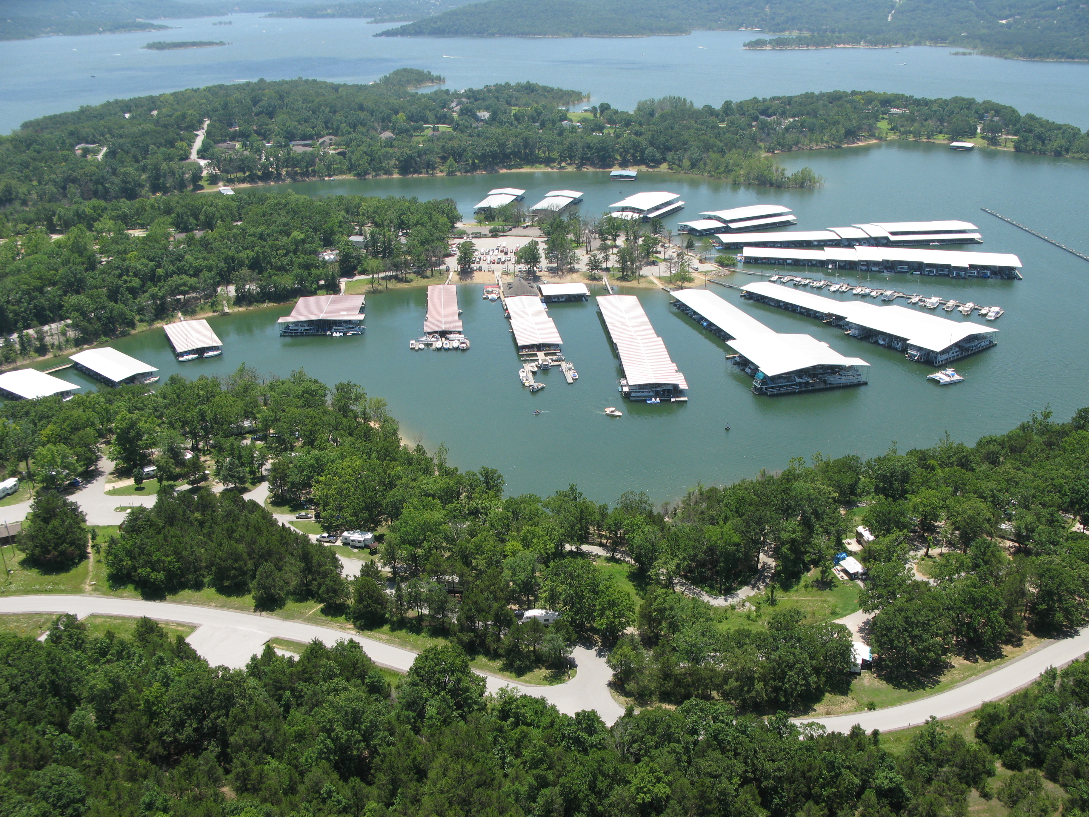 Arial view of docks on the river