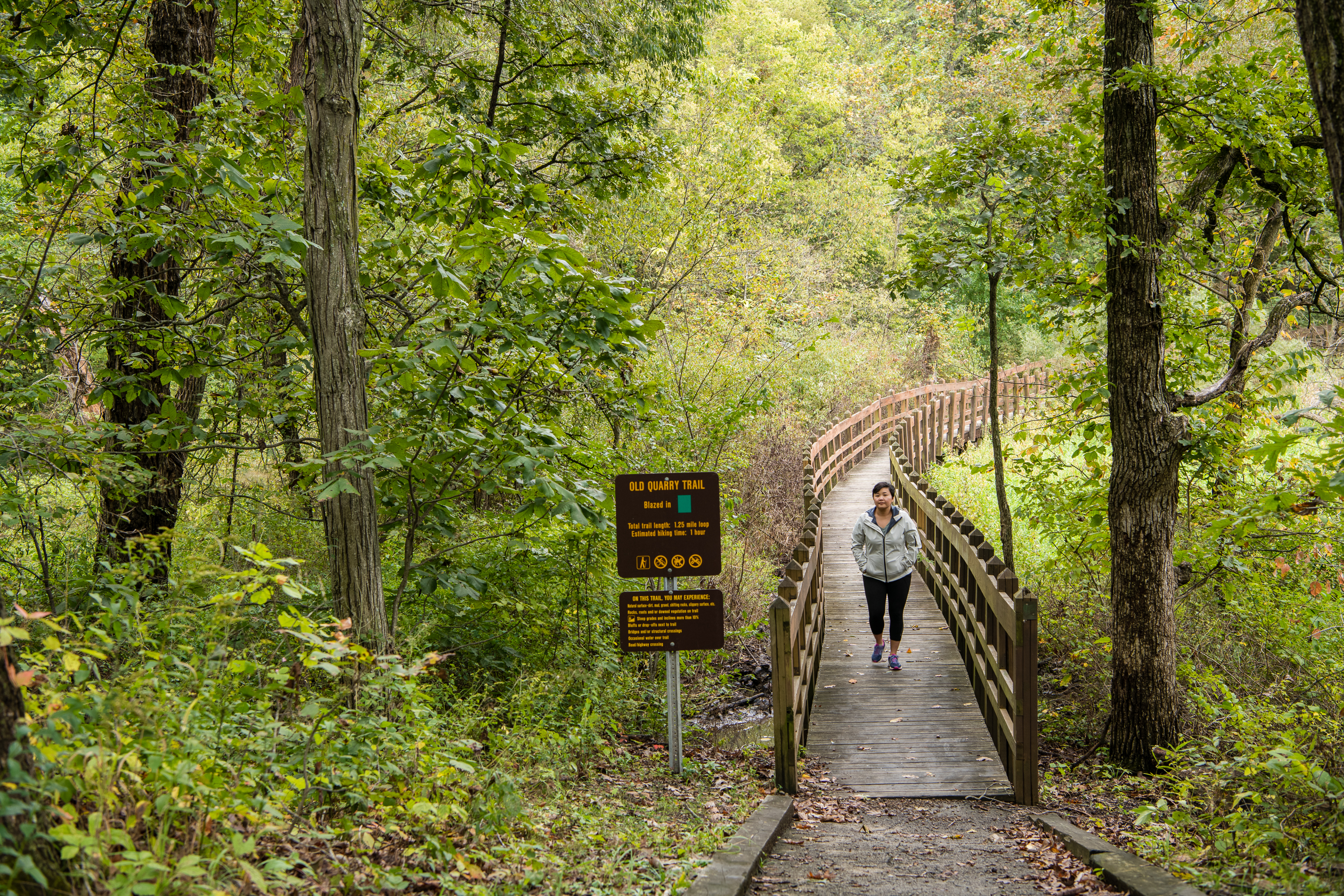 A person crossing a bridge in a wooded trail