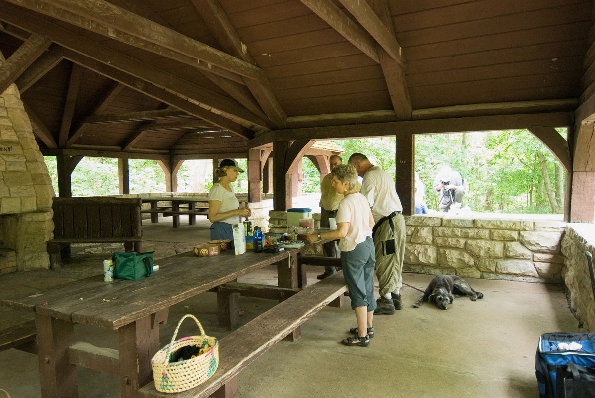 People at a picnic table in a picnic shelter