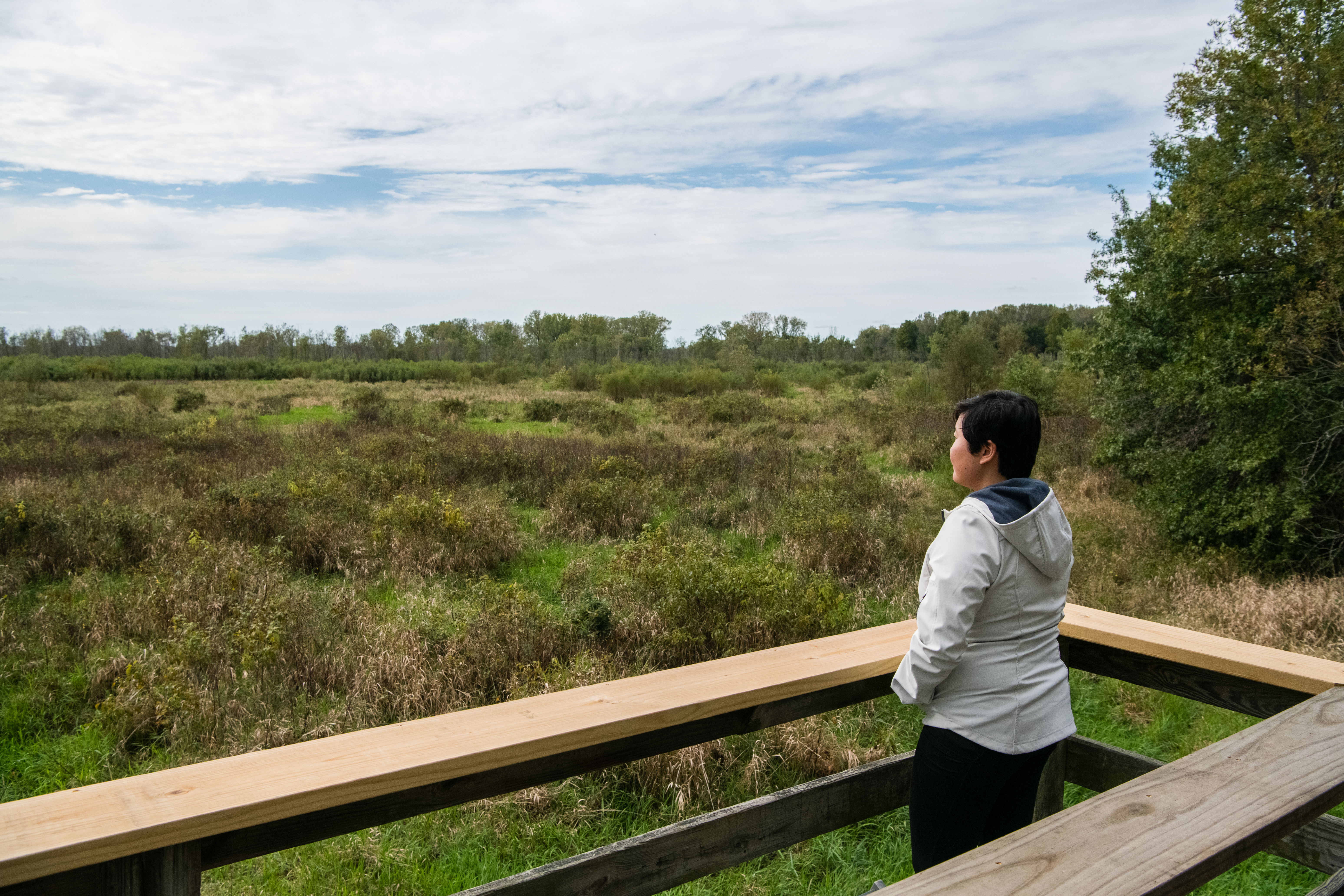 A person on a balcony overlooking a field