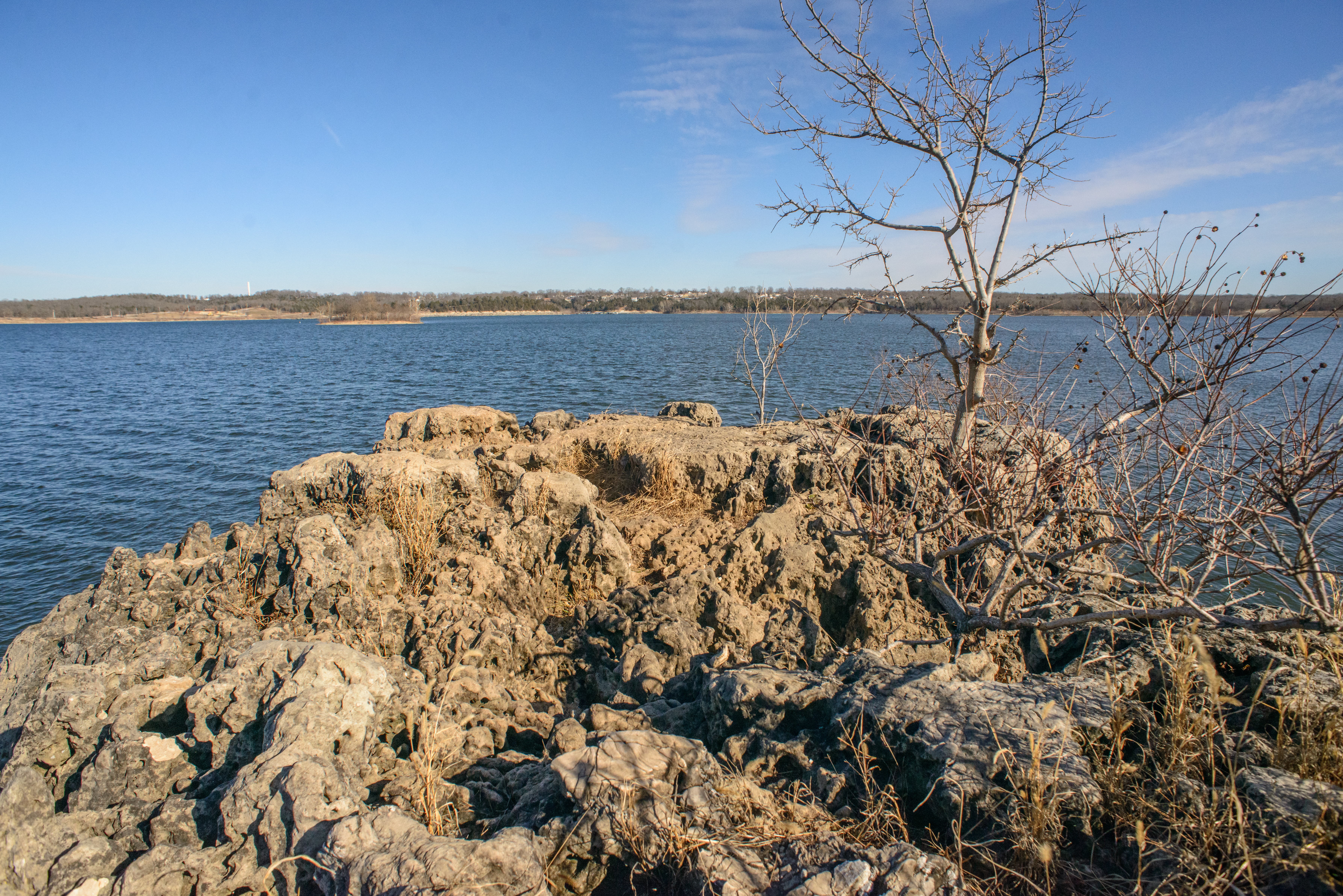 View of the lake from a rocky shore