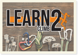 Learn2 Climb logo superimposed over background of wood paneling with hooks and tethers