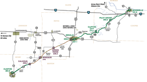 Map of Katy Trail from Clinton to Booneville