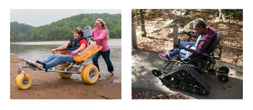 Person using beach chair and person using a track chair.