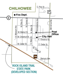 Map of Chilhowee trailhead, Rock Island Trail, and surrounding streets and features