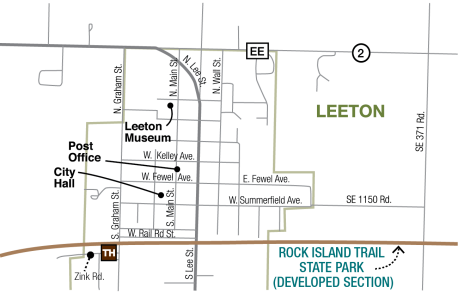Map of Leeton trailhead, Rock Island Trail, and surrounding streets and features