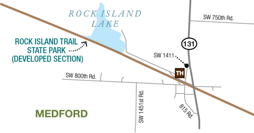 Map of Medford trailhead, Rock Island Trail, and surrounding streets and features
