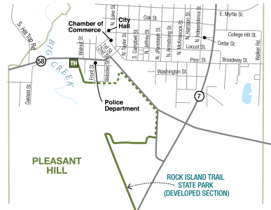 Map of Pleasant Hill trailhead, Rock Island Trail, and surrounding streets and features