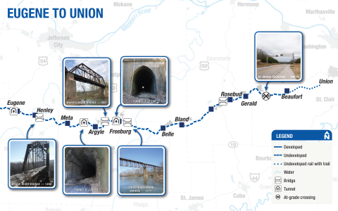 Map of Rock Island Trail from Eugene, MO to Union, MO