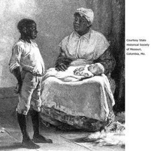 A slave woman with a baby on her lap and a boy standing by her