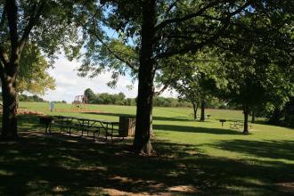 picnic tables under shade trees