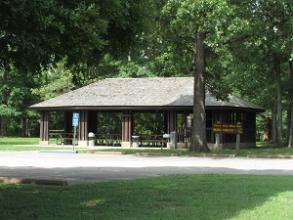 picnic shelter nestled under trees