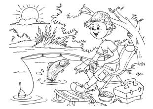 Coloring page of a boy fishing