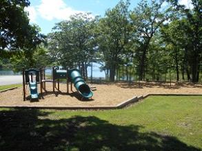 playground equipment with two slides and a swing set