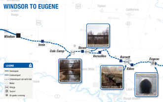 Map of Rock Island Trail from Windsor, MO to Eugene, MO