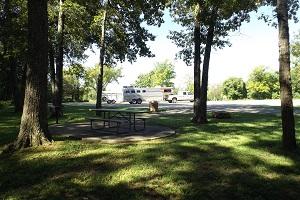 picnic table under large trees