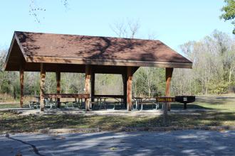 Am outdoor picnic shelter with tables and benches
