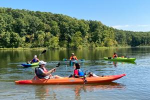 five kayakers paddling in colorful kayaks on the water