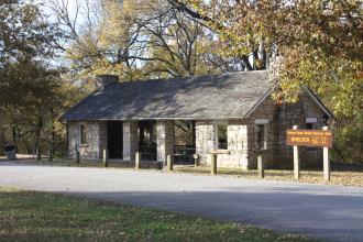Exterior of a stone shelter at Arrow Rock