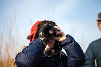 A person bird watching through binoculars
