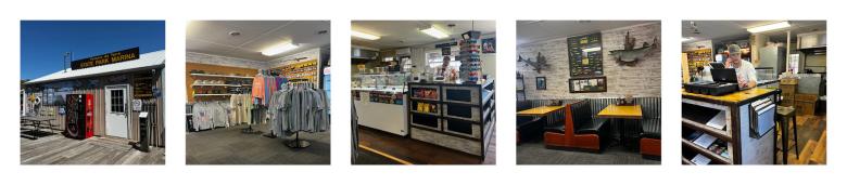 Five pictures in a row, first of a store exterior, second of shirt racks, third, a concession stand, fourth, restaurant booths, fifth, a man at the cash register.