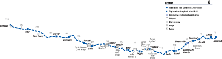 Map showing the path and development of Rock Island Trail