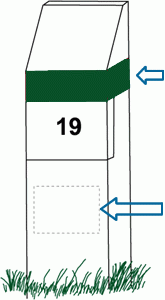 a drawing of a campsite post that shows color bar, number and if its reservable.