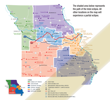 Map of Missouri showing state parks and historic sites with shadow over section of southeast region