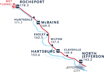 Map of the Katy Bicycle Ride trail from Rocheport to Jefferson City