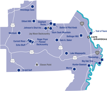 Map of parks and sites located in the southeast region of Missouri.