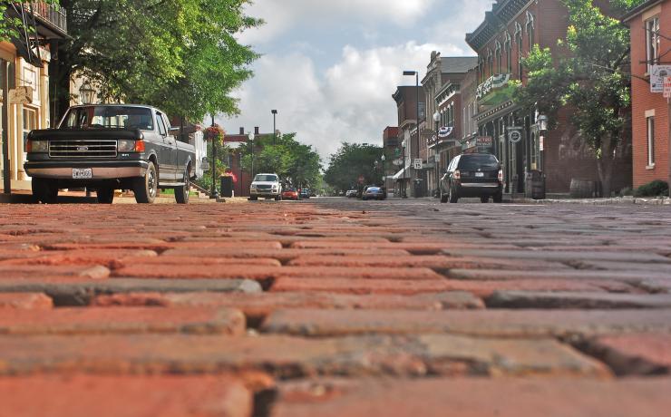 A close up of a brick road