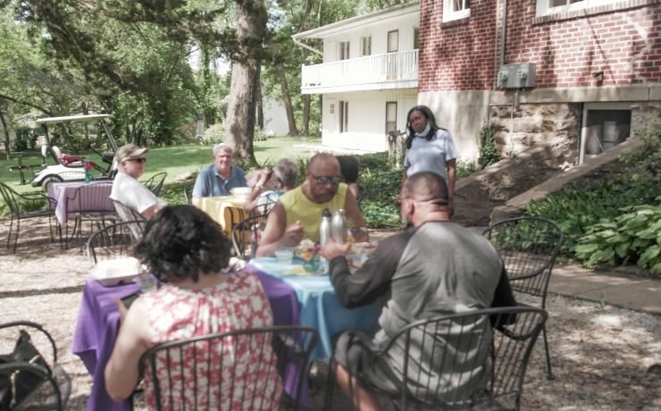 People gathered at tables