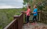 Two people looking at a forest on an overlook