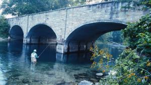 a man in a river fishing underneath a bridge