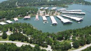 Arial view of docks on the river