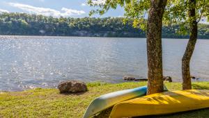 Kayaks sitting on a hill overlooking the lake