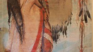 A painting of a native american holding a spear