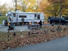 a campsite decorated for Halloween