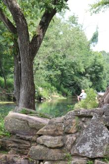 a man sits on the bank of the river fishing