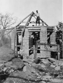 Civilian Conservation Corps crew constructing a rock shelter at Washington State Park