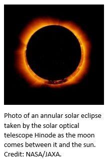 An annular solar eclipse taken by the solar optical telescope Hinode as the moon comes between it and the sun