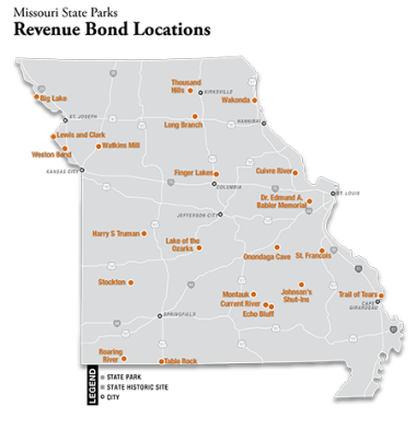 A map showing the MO State Parks that received a revenue bond