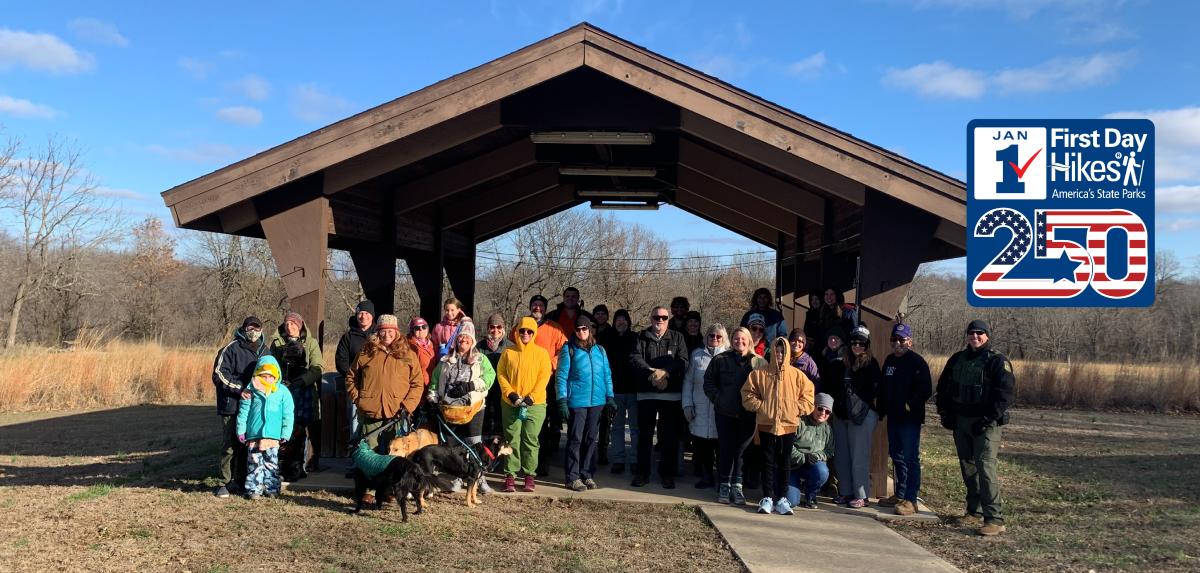 People and dogs standing in front of an open picnic shelter