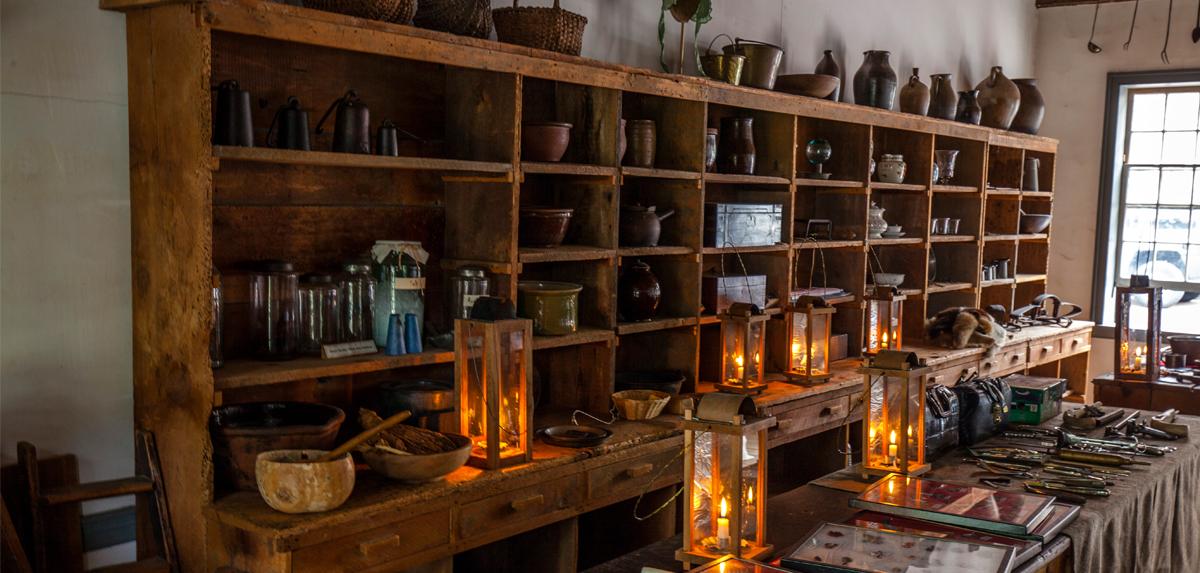 Wooden shelves reminiscent of an old-time store