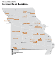 A map showing the MO State Parks that received a revenue bond