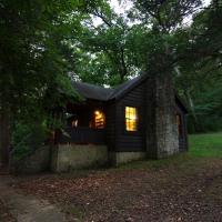 exterior of a cabin at dusk